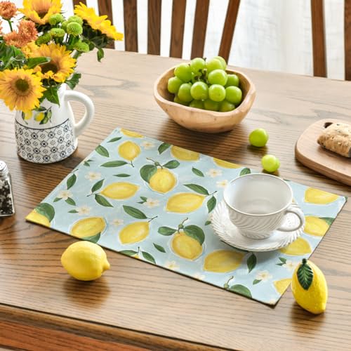 Blue Lemon Flower Floral Placemats Set of 4 - 12x18 Inch Summer Table Decor