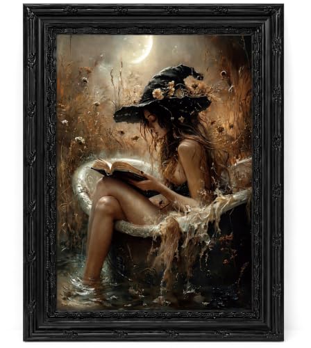 Halloween Witch Bathroom Canvas Wall Art - Framed 16x12 Inch Witch Reading Book in Bathtub - Gothic Home Decor