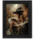 Halloween Witch Bathroom Canvas Wall Art - Framed 16x12 Inch Witch Reading Book in Bathtub - Gothic Home Decor