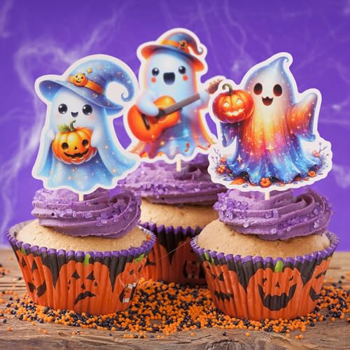 Halloween Ghost Music Guitar Cake Toppers Set - 24 Pcs Party Decorations
