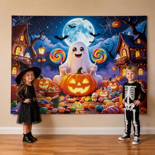 Halloween Backdrop Cute Ghost Pumpkin Candy Theme - 8x6FT - Kid Party Decor