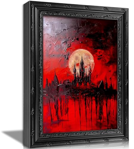 Blood Moon Castle Wall Art - Framed Gothic Canvas Print 16x12 Inches - Spooky Dark Academia Decor
