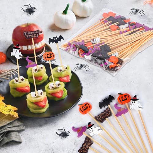 Halloween Cocktail Picks 100 Pack - Natural Bamboo Party Food Decor - Halloween