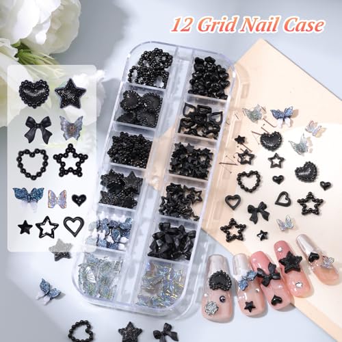 Black 3D Nail Charms Set with Tweezers & Brush - Manicure DIY Crafts