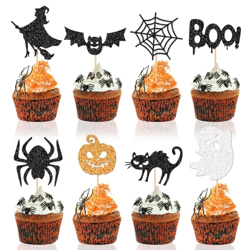 Halloween Cupcake Toppers Glitter Spooky Witch Black 48 Pcs Lel-55 Party Decorations