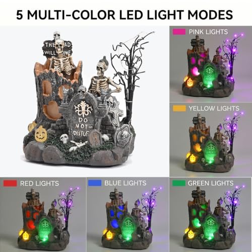 Lighted Halloween Village Scene with Skeleton Trees and Gravestones - Spooky Decor for Home & Party