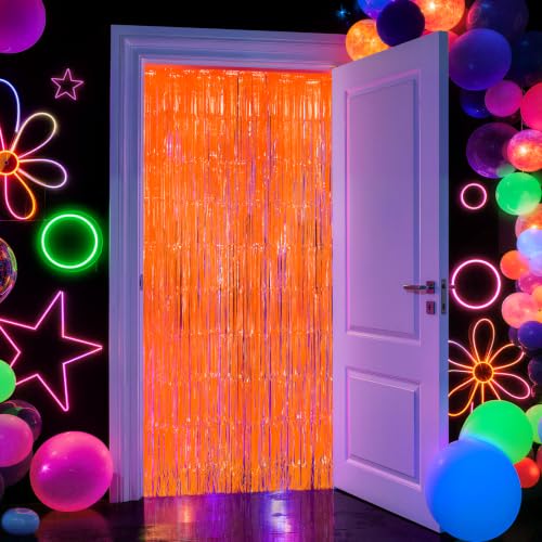 3.3ft x 6.6ft Orange Glow Party Fringe Curtain 2pcs UV Neon Foil Backdrop