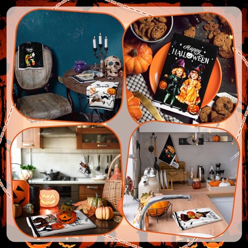 Halloween Kitchen Towels Set - Funny Decor, 6 Pack, Black White