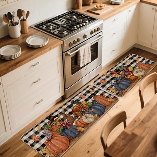 Fall Harvest Thanksgiving Kitchen Rugs Set of 2 - Non-Slip Floor Mats for Indoor & Outdoor Use