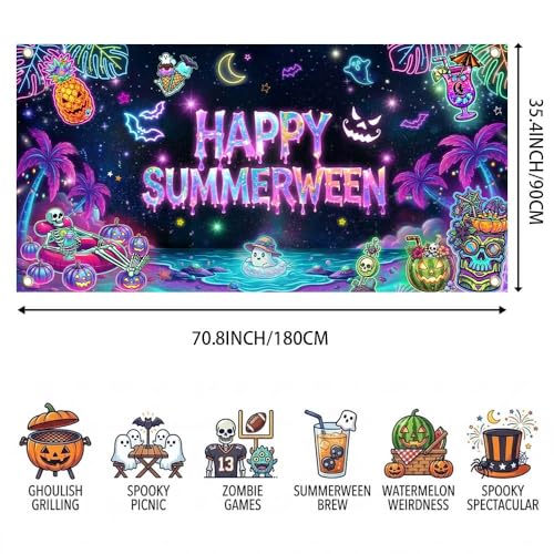 Summerween Halloween Banner - Tropical Pink Pumpkin Wall Decor 70.8x35.4 Inches