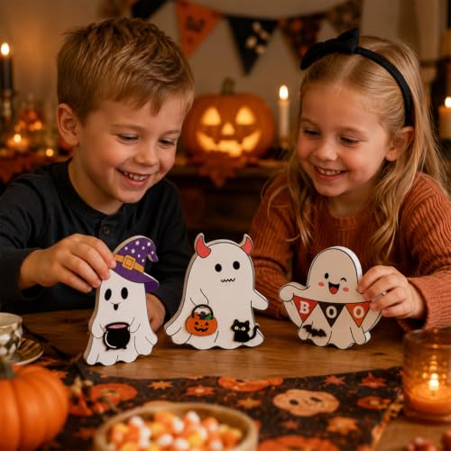 White Wooden Ghost Halloween Decorations Set - Whimsical Table Signs with Bats & Pumpkin