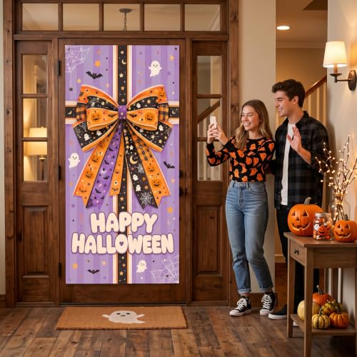 Halloween Door Cover Banner with Gift Bow Design - 70.8 x 35.4 in for Party & Home Decor