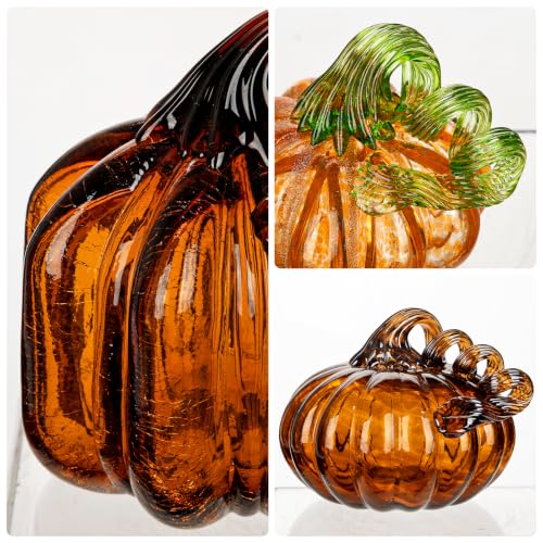 Brown Glass Pumpkin Fall Decor Set - 3 Handblown Autumn Pumpkins, Halloween & Thanksgiving Centerpiece