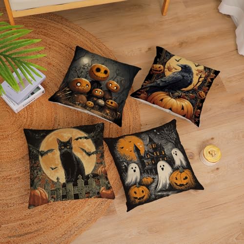 Halloween Pillow Covers 20x20 Set of 4 Ghost Pumpkin Spider Web Decor - Black Cat & Crow Design - Variation 28
