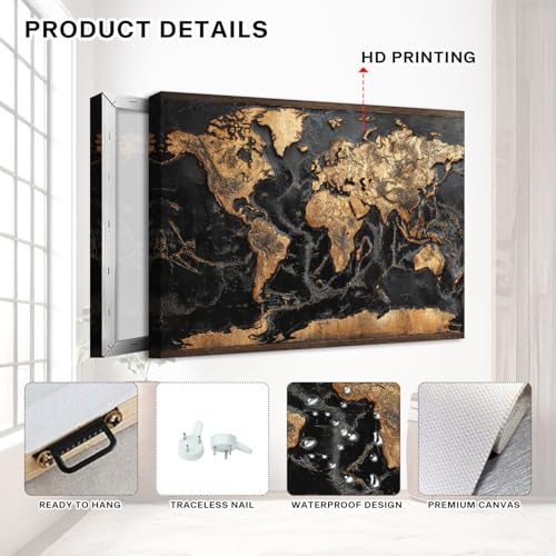 36L x 24W Black and Gold World Map Wall Art Canvas Print - Modern Office Decor