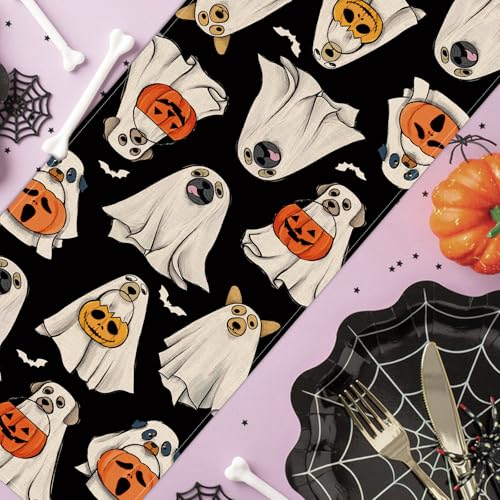 Halloween Ghost Dog Table Runner 13x48 Inch - Spooky Jack O Lantern Decor Variation