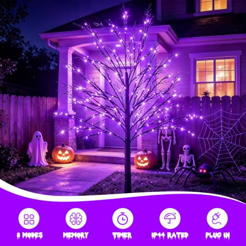 Purple 6FT Lighted Halloween Tree with 128 LED Lights & 8 Modes - Waterproof Indoor Outdoor Decoration