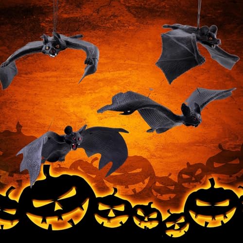 Halloween Hanging Bats Decor Set - Realistic Rubber Flying Bats for Indoor & Outdoor Spooky Atmosphere