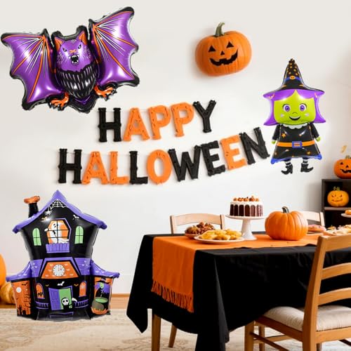 Halloween Foil Balloons 3 Pack - Bat Witch Haunted House Indoor Decorations