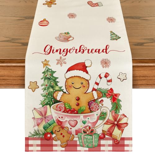 Gingerbread Man Xmas Table Runner 13x108 Inch Home Party Decor - Red