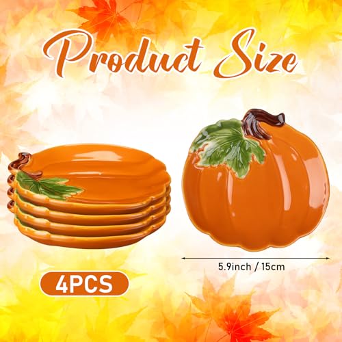 FillTouch Orange Ceramic Pumpkin Plates - Fall Appetizer & Dessert Dishes - 4 Pack