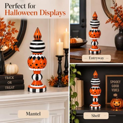 15-Inch Orange Black and White Checkered Halloween Table Decor - Pumpkin Accent, Farmhouse Style