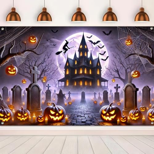 Halloween Backdrop Witch Graveyard Banner - 71 x 43 Inches for Party & Photo Booths