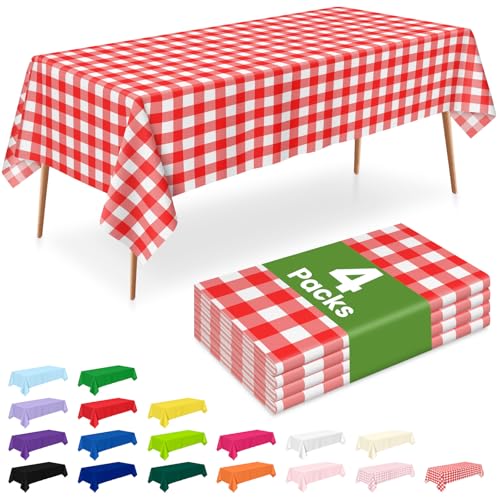 LANLISA Disposable Red Gingham Tablecloths 4 Pack - 54x108 Inches for 6ft Tables & Outdoor Use
