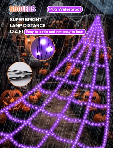 Purple Outdoor Spider Web Lights - 16.4Ft Waterproof 550 LEDs, 8 Modes Halloween Decoration