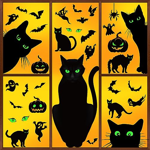 Halloween Window Clings Set - Black Cat, Pumpkin, Bats, Spiders Glow in Dark Decorations