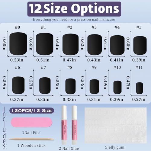 Black Short Square Press On Nails 120 Pcs - Fake Nail Kit with Glue & Tabs