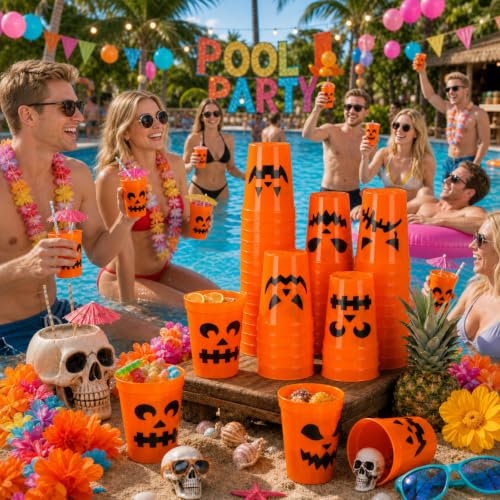 Halloween Plastic Cups 12 oz Orange Pumpkin Jack O Lantern Party Supplies - 60 Pieces
