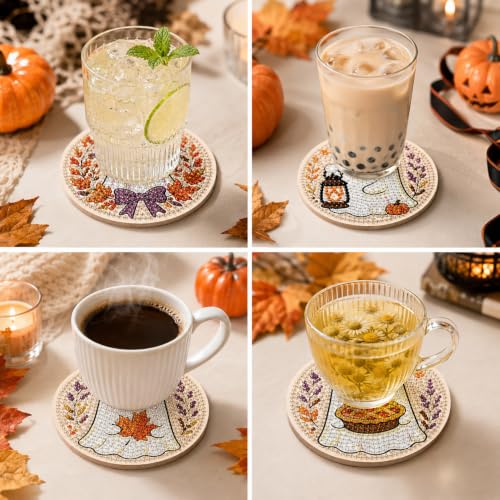 Halloween Ghost Diamond Art Coasters Set with Holder - Wooden DIY Fall Table Decor