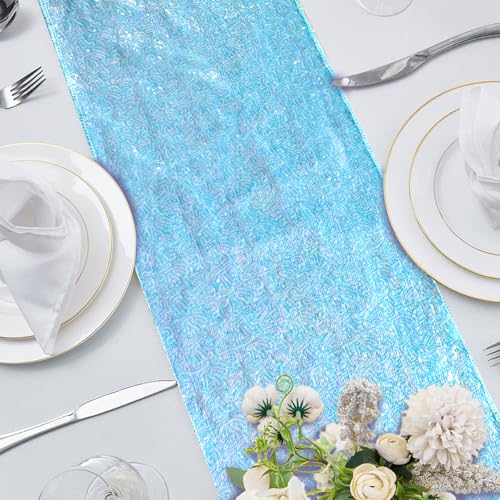 Mermaid Blue Sequin Table Runner 12x108 Inches for Party Decorations - 2 Pack