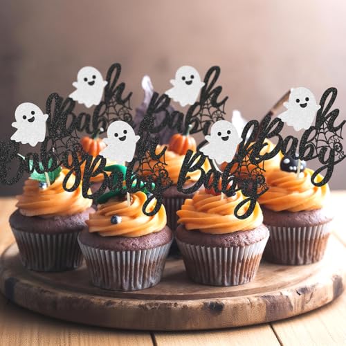 24Pcs Halloween Baby Shower Cupcake Toppers - Spooky Ghost Theme Cake Decorations