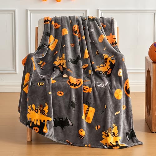 Halloween Throw Blanket with Spooky Pumpkin Bat Ghost Spider Print - Grey 50x60 Inches - Cozy Fuzzy Fleece for Couch Bed Decorations - Variation: 03 Halloween Grey / Throw-50x60