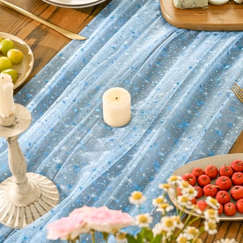 Horaldaily Light Blue Gold Star Gauze Tablecloth 60x84 Inch Rectangular