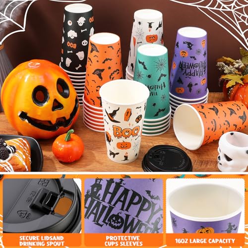 50 Pack Halloween Disposable Coffee Cups 16oz with Lids & Sleeves - Spooky Party Drinkware