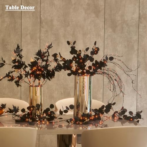 Halloween Black Maple Garland with Lights - 48 LED Orange & Warm White Fairy Lights, Timer, Indoor & Outdoor Decorations - Black Maple Leaves