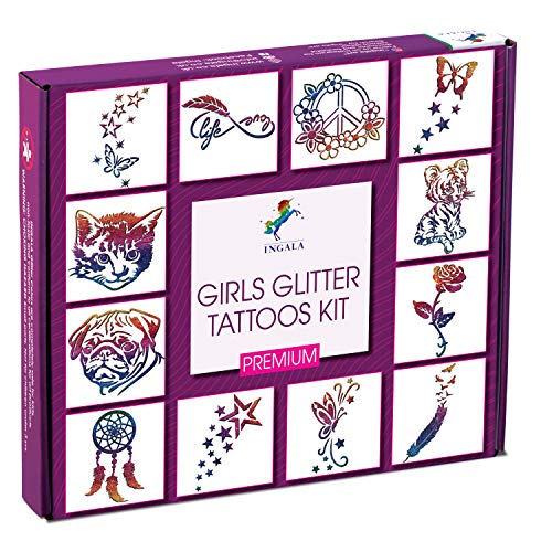 Pink Glitter Temporary Tattoo Kit for Girls with 74 Stencils, 16 Colors & Body Glue