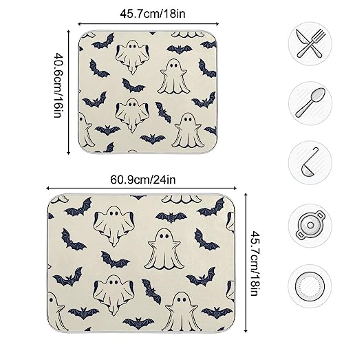 Halloween Spooky Ghost Bats Dish Drying Mat - 18x24 in Multicolor, Microfiber Kitchen Counter Pad