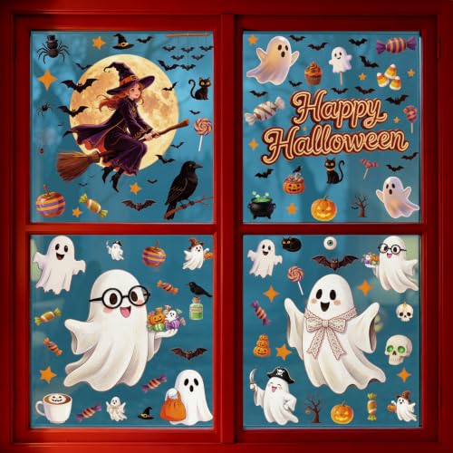Halloween Window Clings Decor - Ghost Pumpkin Bat Skull Spider Web Decals Set