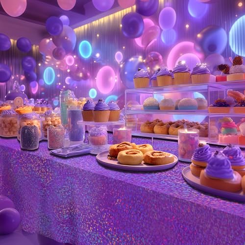 Purple Holographic Tablecloth Set - 2 Pack 54x108 Inches Disco Party Decor