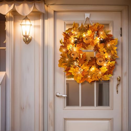 Orange Fall Wreath with Lights for Front Door - Autumn Decor, Berries & Pine Cones