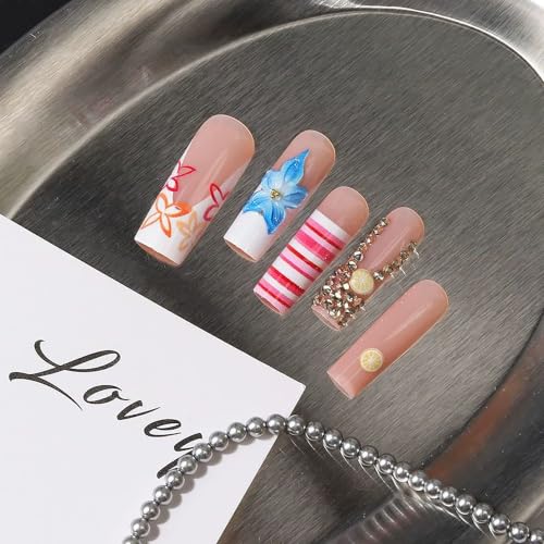 RTKHFZE Colorful Y2K Long Square Press On Nails with 3D Blue Flowers - Style21