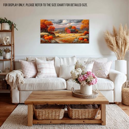 Autumn Fall Canvas Wall Art - Rustic Pumpkin Farm Scene, Red Barn, 16"x8" Wrapped Print - Fall Landscape Decor
