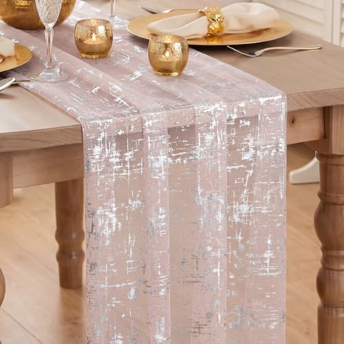 Pink Silver Gauze Table Runner 28 x 120 Inch Sheer Glitter for Wedding & Party Decor