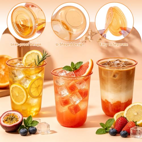 Orange Plastic Party Cups with Lids and Straws - 16oz 50 Pack - Disposable Drinkware