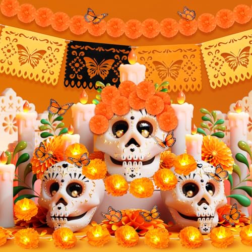 Day of the Dead Decorations Set with LED Marigolds & Butterflies - Fiesta Party Supplies