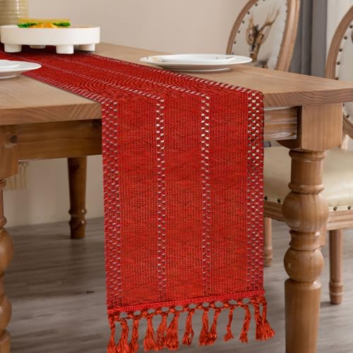 Christmas Table Runner 12 x 108 Inches Red Tassel Rustic Cotton Linen Holiday Decor